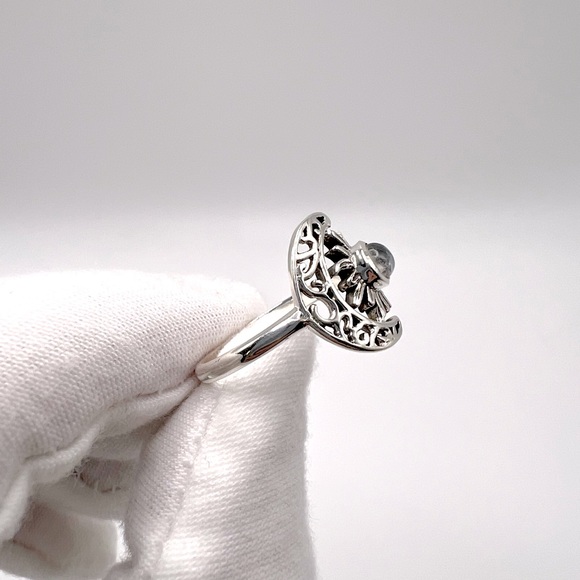 Genuine Rainbow Moonstone .825 Sterling Silver Filigree Crescent Moon & Sun Ring - Picture 9 of 17